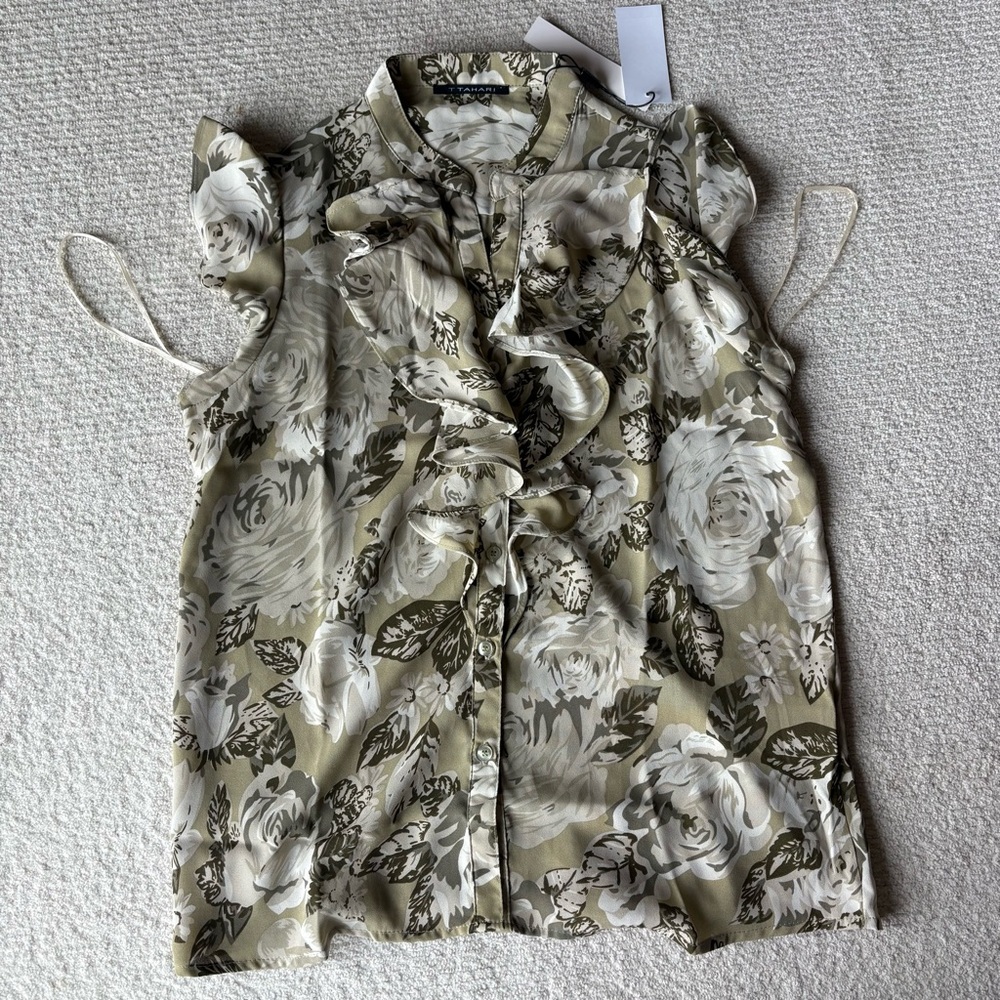 T Tahari Women's Sleeveless Green Leaf Print Ruffle Blouse XS